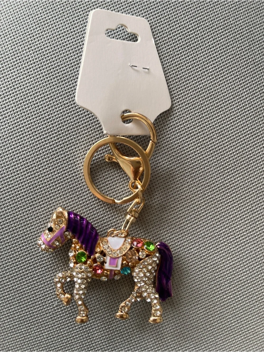 Gold-Tone Jeweled Purple Horse Keychain Charm